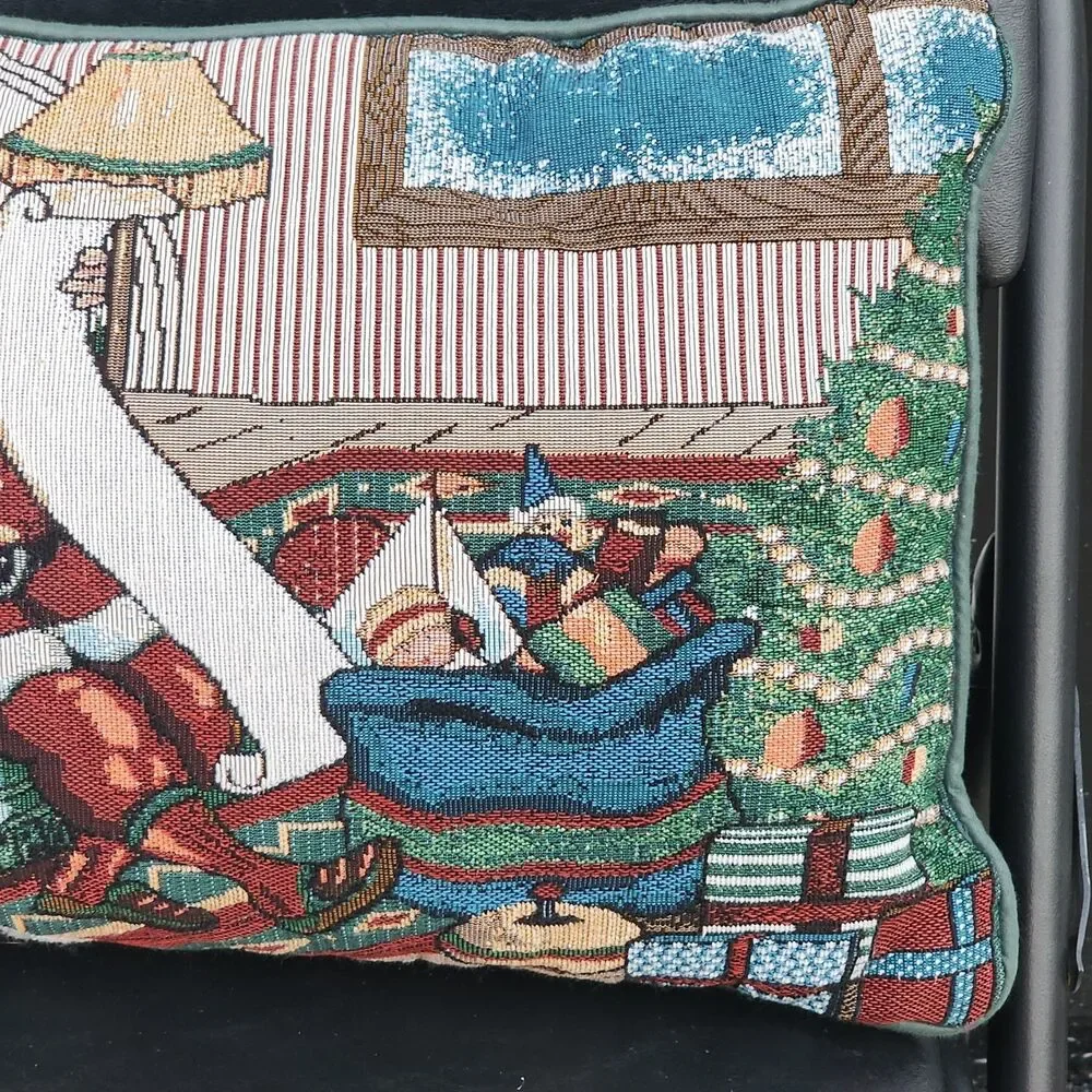 VTG Christmas Santa Claus Woven Tapestry Throw Pillow Checking Naughty Nice List